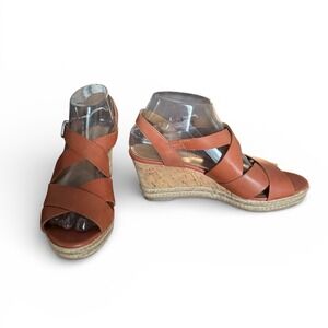 Franco Sarto Mauvy Cognac Leather Cork Espadrille Wedge Sandals Strappy Size 8